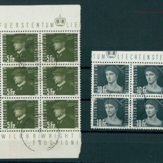 Liechtenstein, Flugpost 1948 - 5 Fr. Sechserblock und 10 Fr. Viererblock, gestempelt